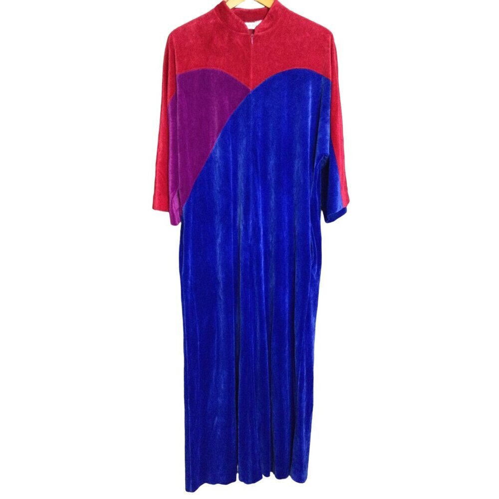 Vintage Vanity Fair Velour Housecoat Pullover Robe Dress Color block Design Size